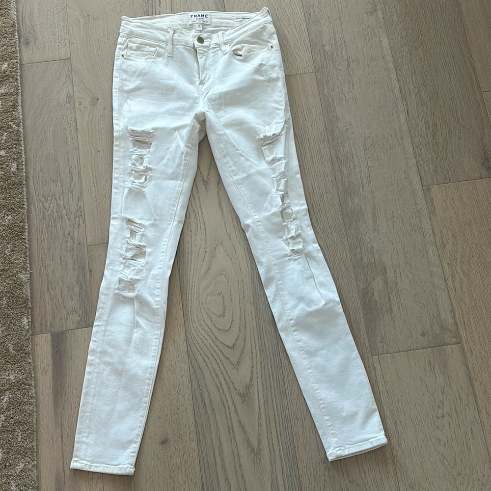Frame Distressed High Rise White Jeans